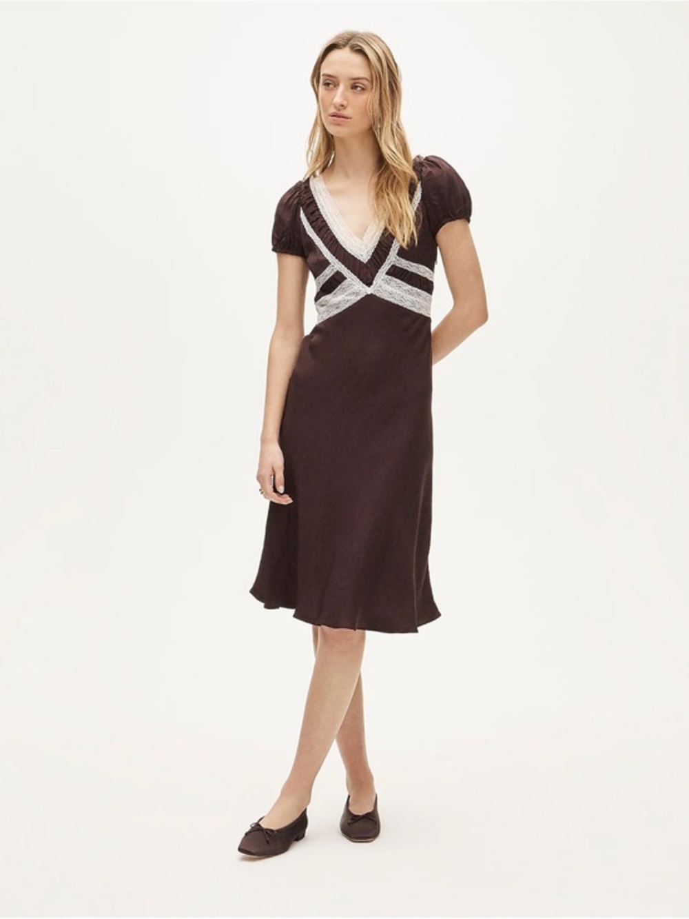 J. Crew Chocolate Brown V-Neck Dress with Cream Lace Trim